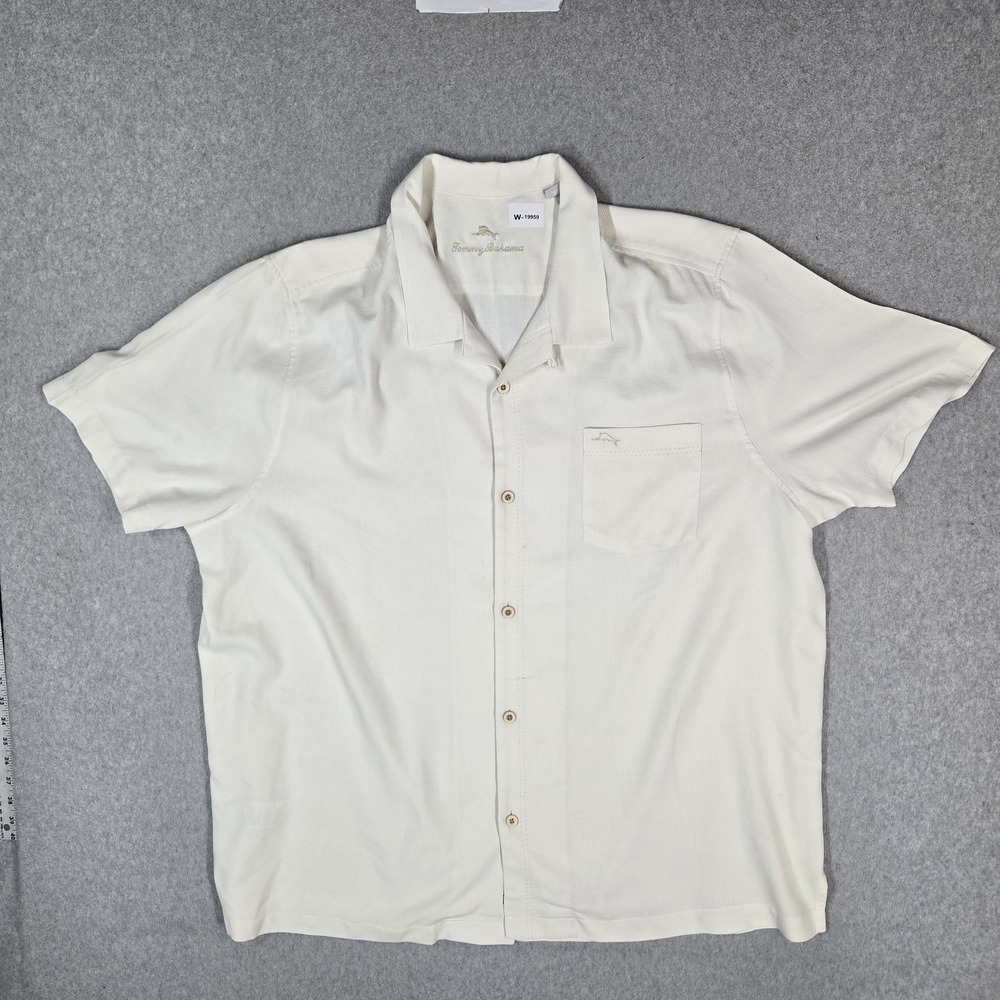 Tommy Bahama Men Button Up Shirt 3XL/3TG White Polyester Silk Embroidered
